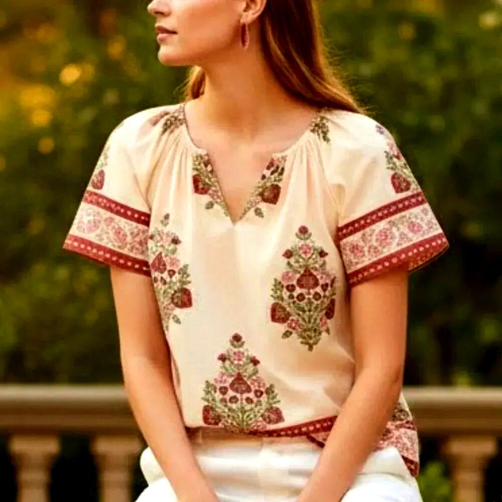 Tuckernuck Blush Elena Top Medium NWT Boho Floral Romantic Border Print Blouse